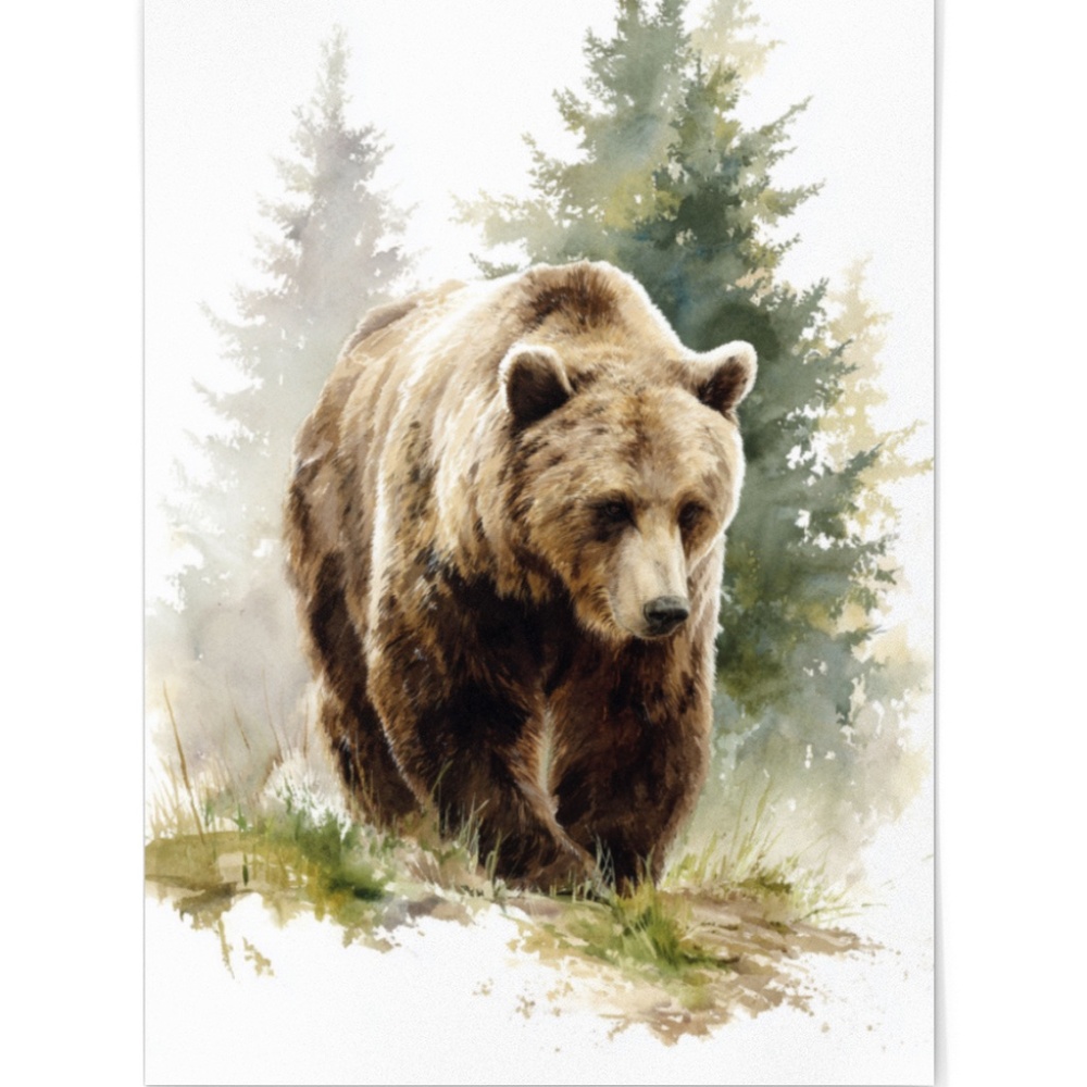 Watercolor Brown Bear Forest Wall Art Print, Unframed Misty Grizzly Illustration - Picture 2 of 5